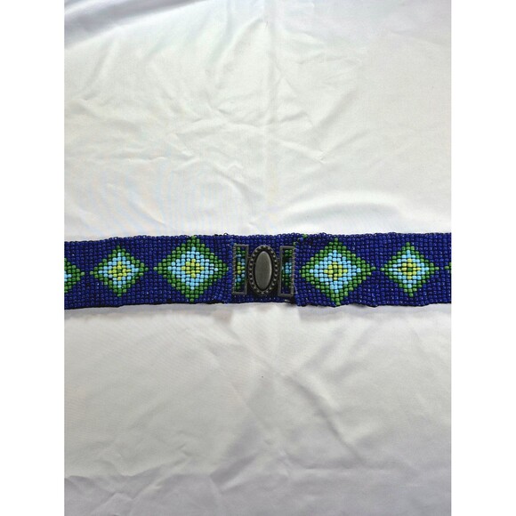 Vintage Southwestern Geometric Beaded Stretch Belt - Blue & Green Diamond Patter